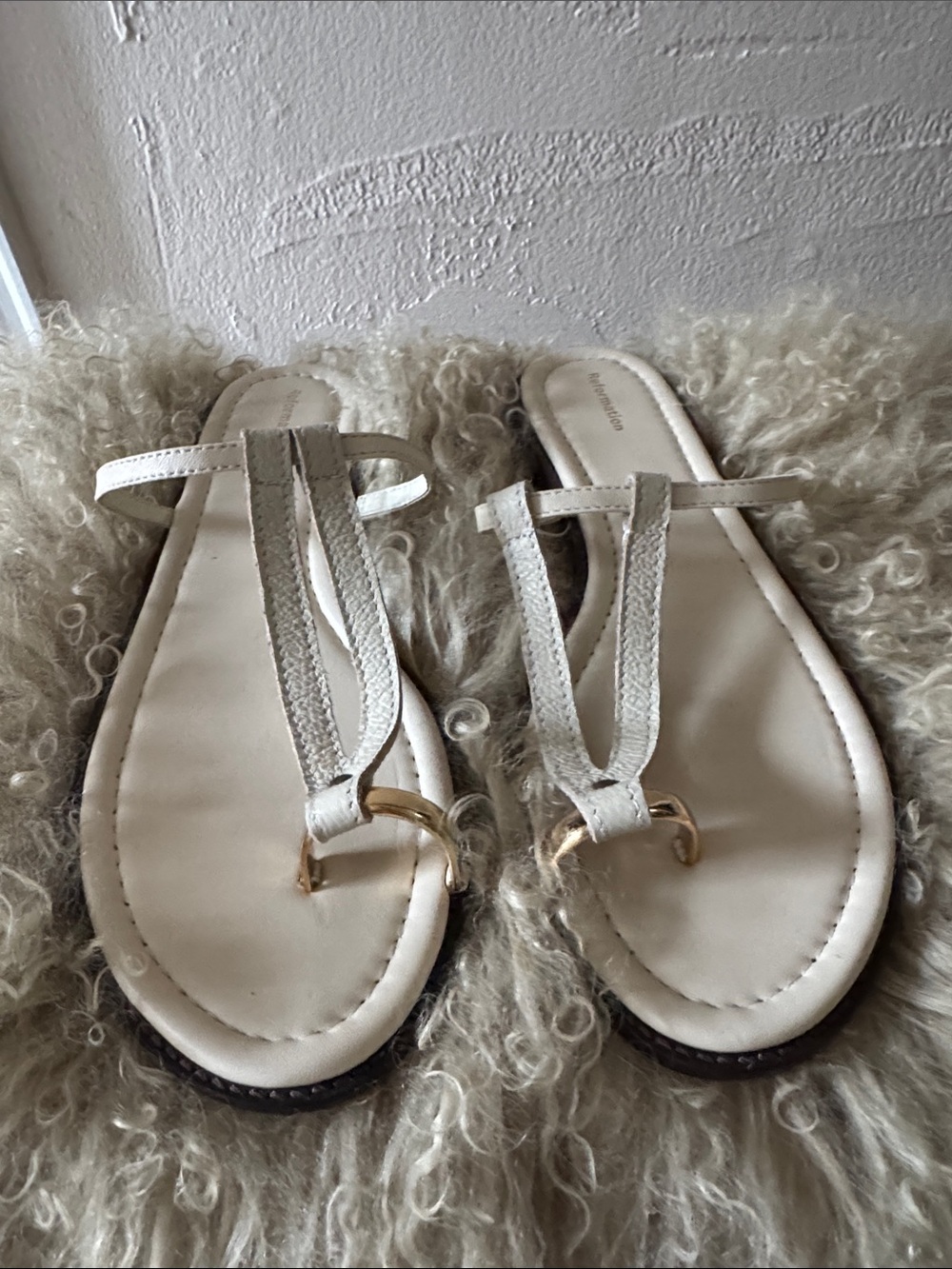 Reformation Cream T-Strap Toe-Ring Sandals
